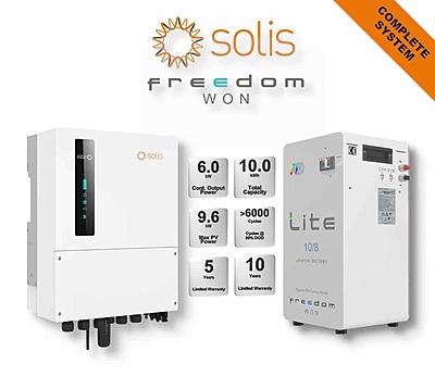 6.0 kW SOLIS S6 Hybrid - FREEDOM WON Combo, c/w 10.0 kWh Lithium Battery