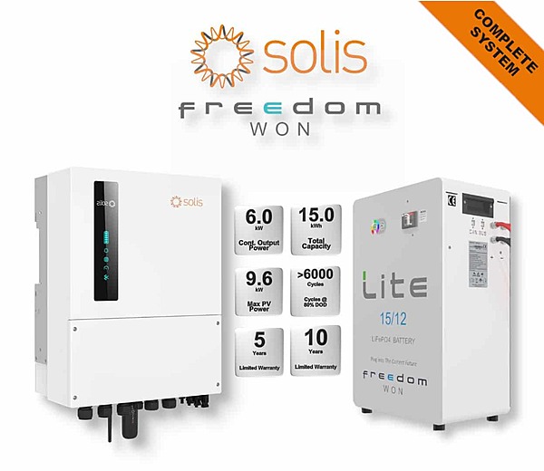 6.0 kW SOLIS S6 Hybrid - FREEDOM WON Combo, c/w 15.0 kWh Lithium Battery