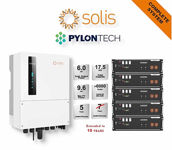 6.0 kW SOLIS S6 Hybrid - PYLONTECH Combo, c/w 5x 3.5 kWh Lithium Batteries