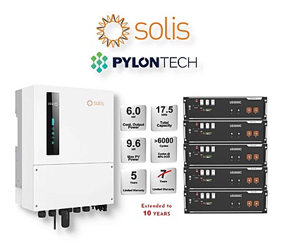 6.0 kW SOLIS S6 Hybrid - PYLONTECH Combo, c/w 5x 3.5 kWh Lithium Batteries