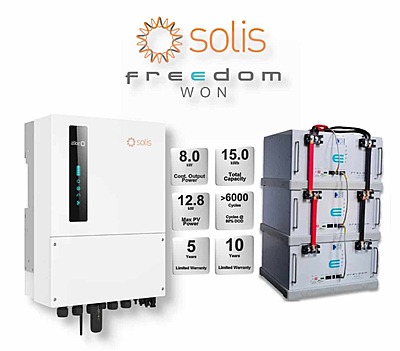 8.0 kW SOLIS S6 Hybrid Combo, c/w 3 x 5 kWh FREEDOM WON Lithium Batteries 8.0 kW SOLIS S6 Hybrid Combo, c/w 3 x 5 kWh FREEDOM WON Lithium Batteries