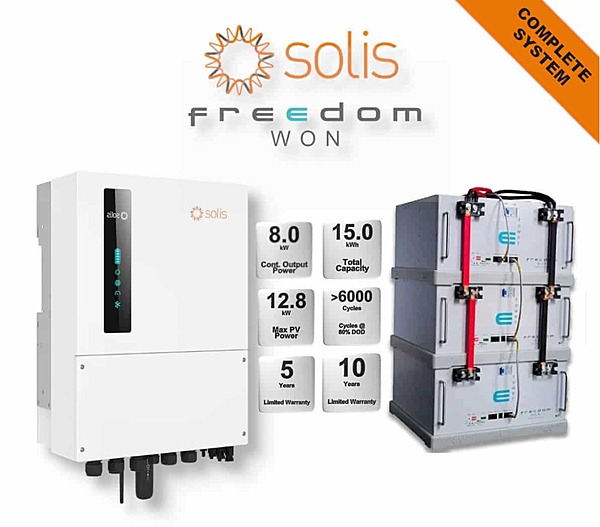 8.0 kW SOLIS S6 Hybrid Combo, c/w 3 x 5 kWh FREEDOM WON Lithium Batteries