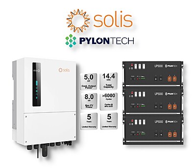 5.0 kW SOLIS S6 Hybrid - PYLONTECH Combo, c/w 3x 4.8 kWh Lithium Batteries 5.0 kW SOLIS S6 Hybrid - PYLONTECH Combo, c/w 3x 4.8 kWh Lithium Batteries