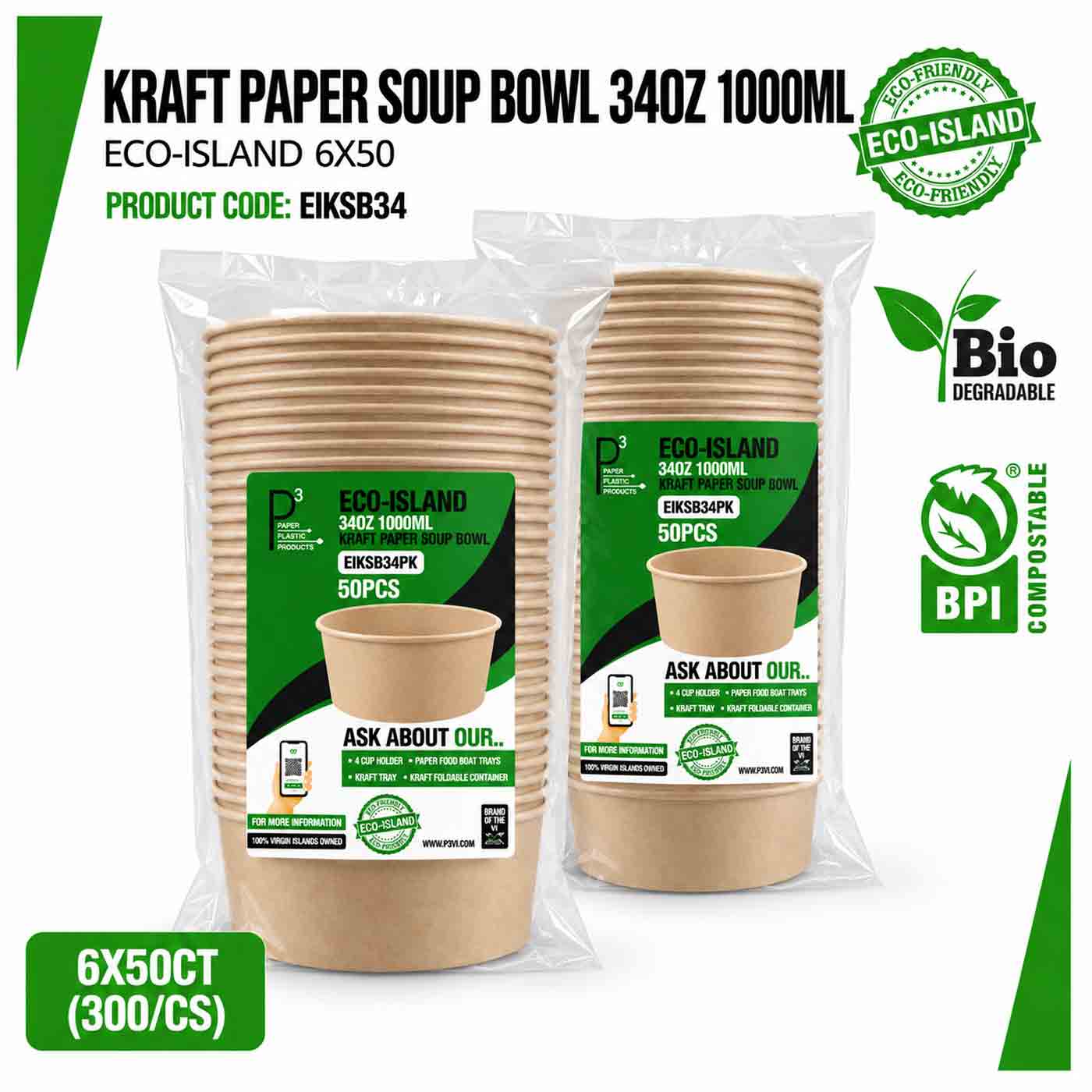 Soup Bowl 34oz (1000ml) Kraft Paper Eco-Island 6/50