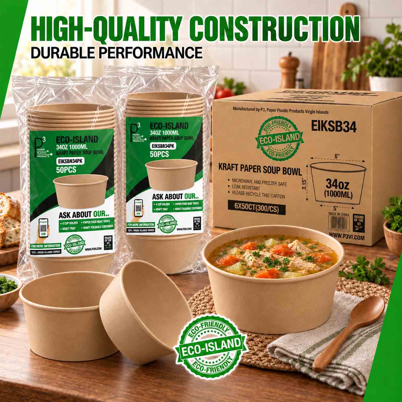 Soup Bowl 34oz (1000ml) Kraft Paper Eco-Island 6/50