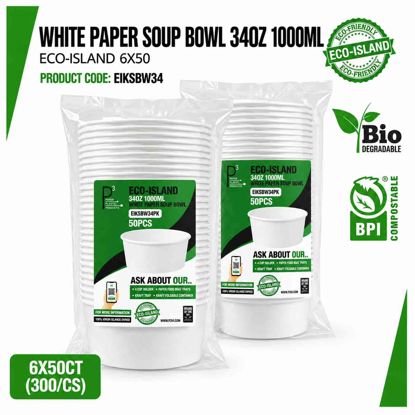 Soup Bowl 34oz (1000ml) Paper White Eco-Island 6/50