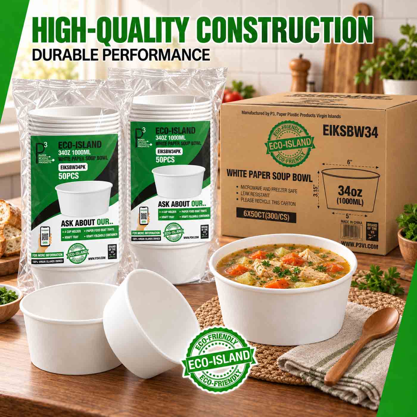 Soup Bowl 34oz (1000ml) Paper White Eco-Island 6/50