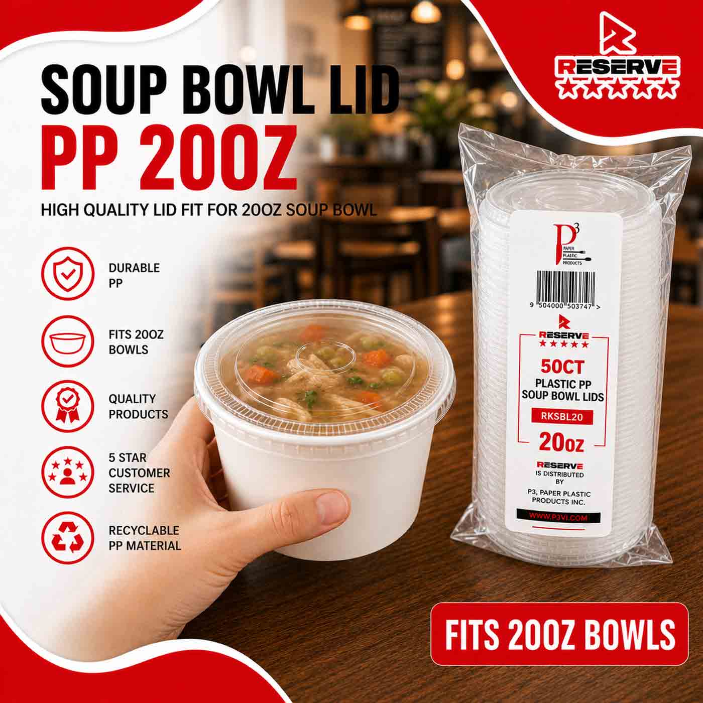 Soup Bowl Lid PP 20oz Reserve 10/50