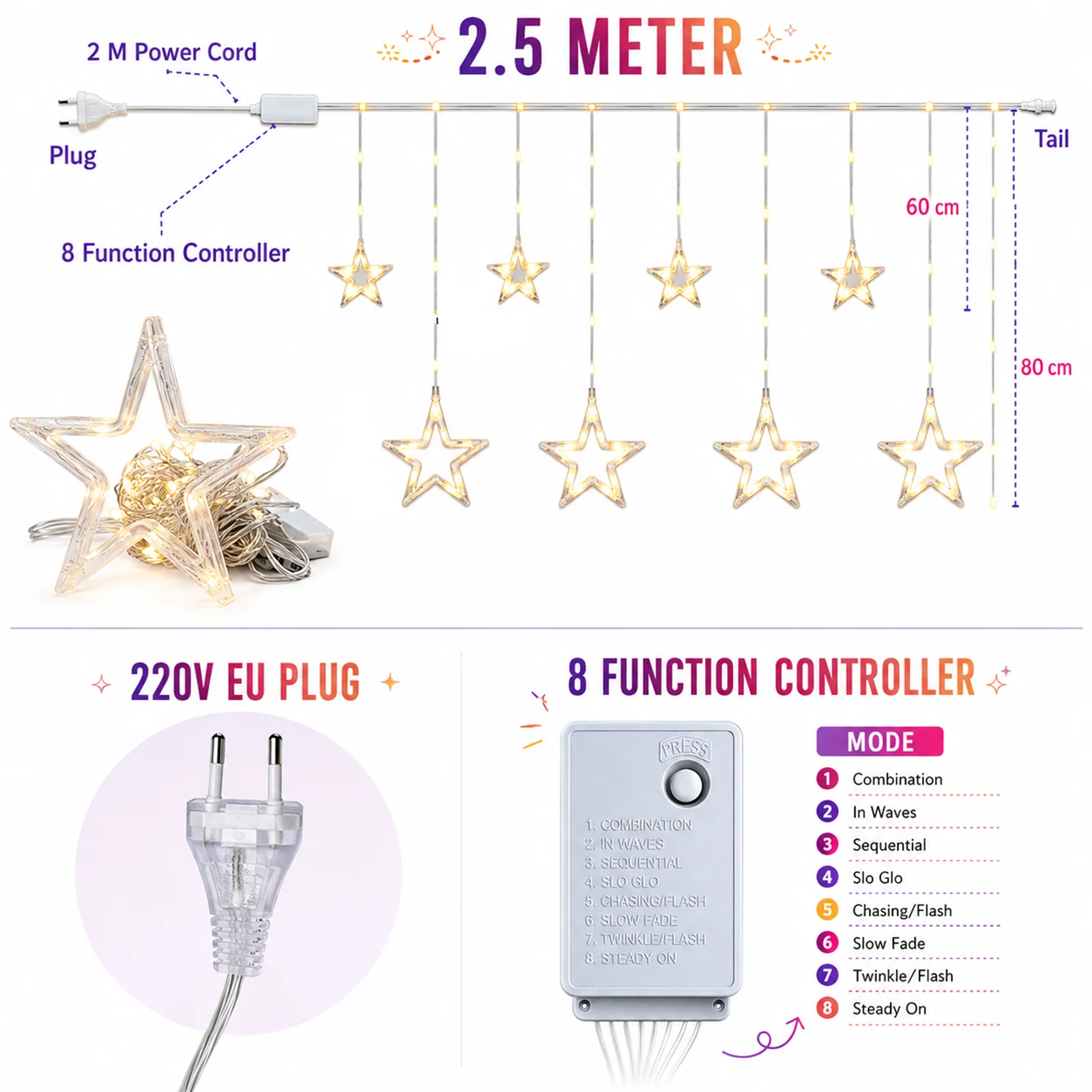 Star Curtain LED String Lights – 138 LED, 8 Flash Modes, Warm White Copper Wire Fairy Lights for Decoration - 2.5 Mtr