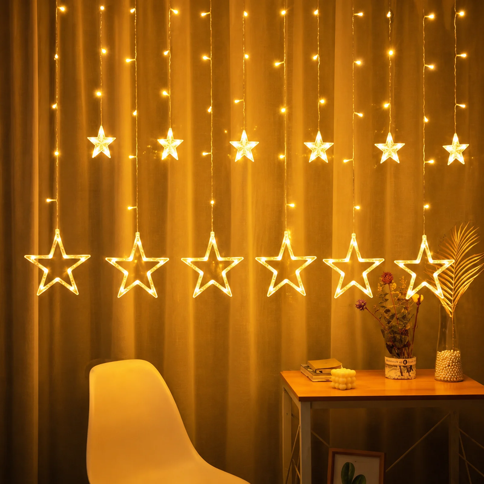 Star Curtain LED String Lights – 138 LED, 8 Flash Modes, Warm White Copper Wire Fairy Lights for Decoration - 2.5 Mtr