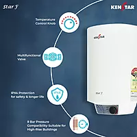 Product shot of the Kenstar 15L water heater against a plain white background. Product shot of the Kenstar 15L water heater against a plain white background.