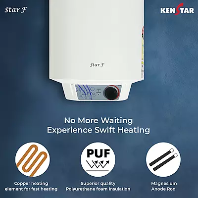 Detailed view of the inlet and outlet pipes at the bottom of the Kenstar Star F heater.