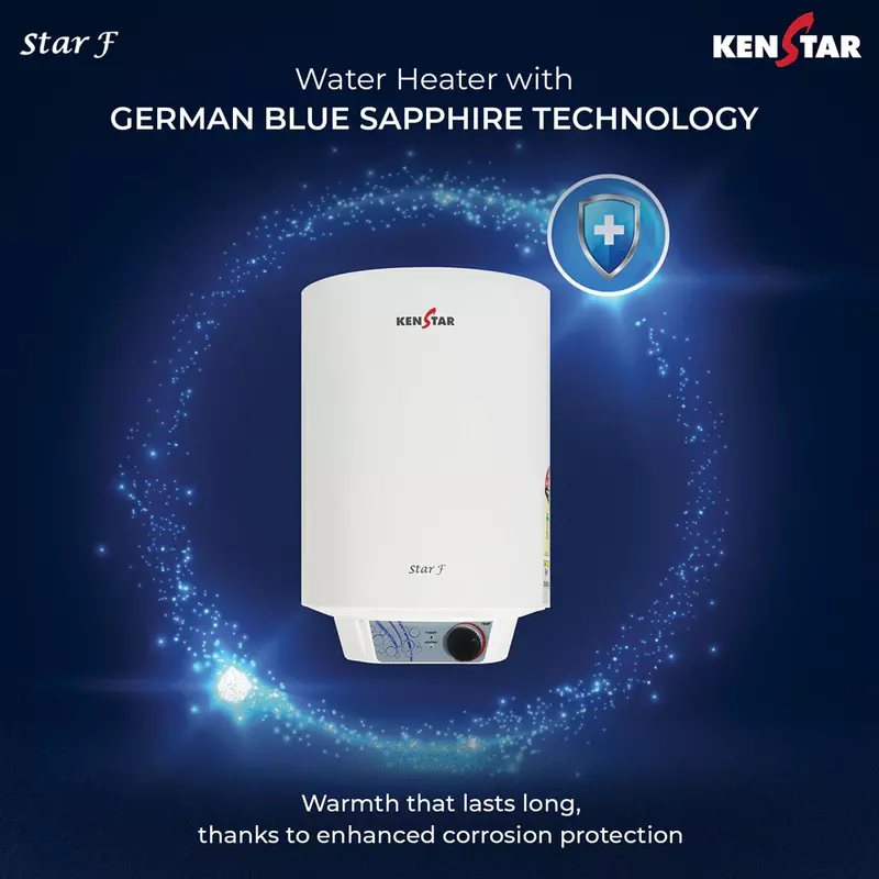 BEE energy efficiency star rating label on the Kenstar 15L water heater.