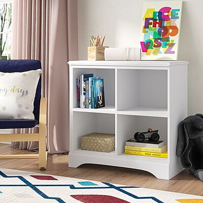 Compact Kids Bookshelf with 4 Open Cubbies – White Wooden Storage Shelf for Toys & Books
