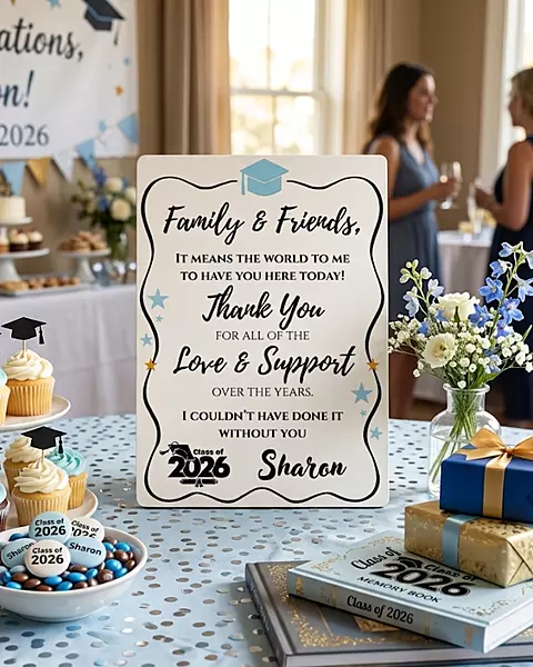 Personalized graduation thank you sign with blue celebration design