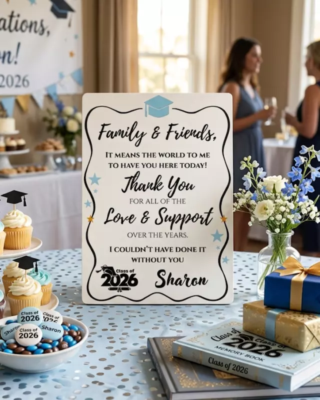 Personalized graduation thank you sign with blue celebration design