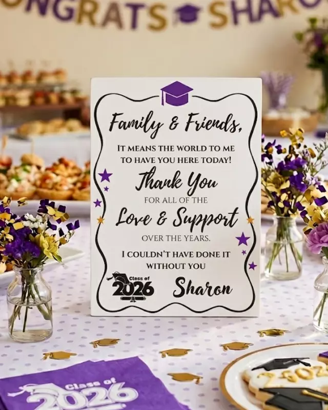 Personalized graduation thank you sign with purple celebration design