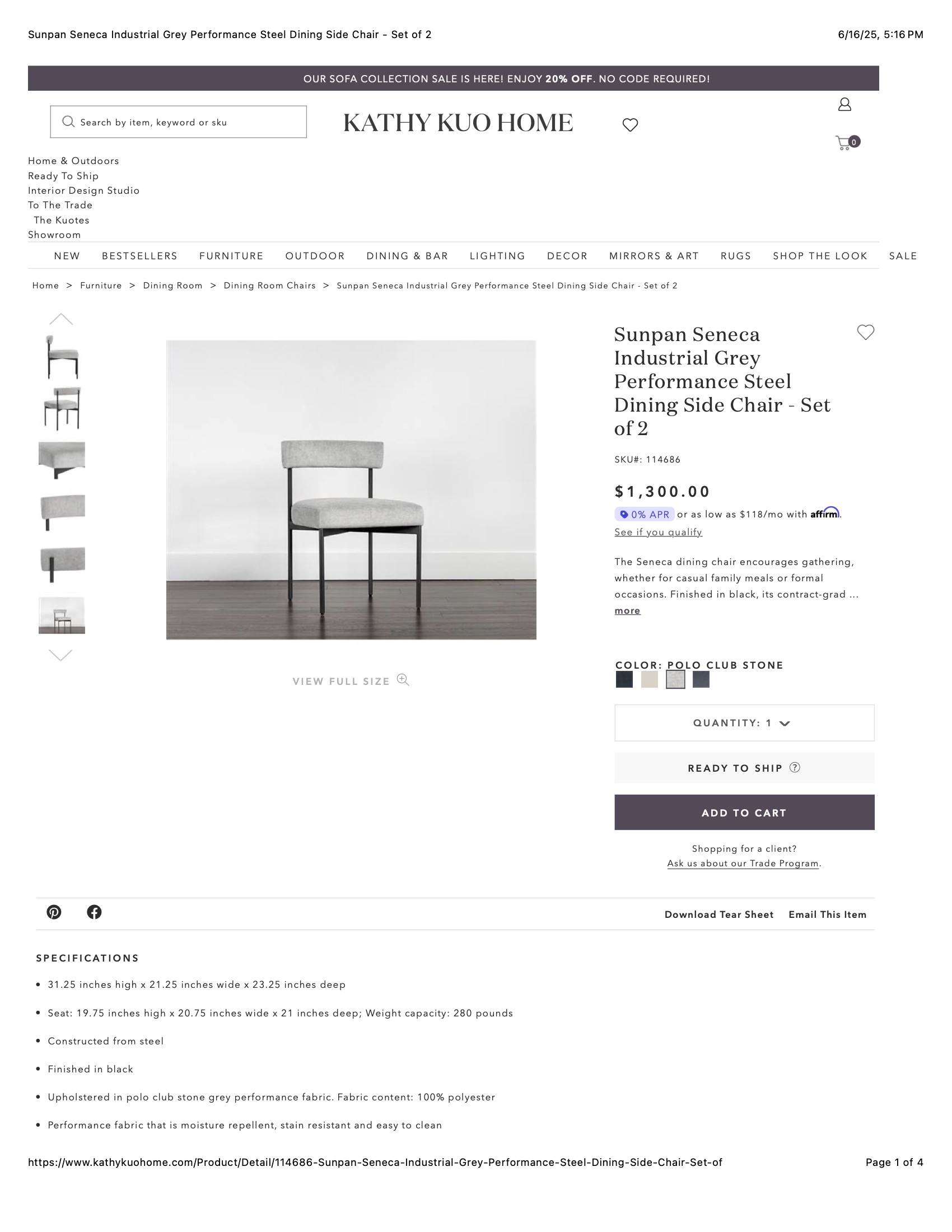 Sunpan Seneca Industrial Grey Performance Steel Dining Side Chair - Set of 2