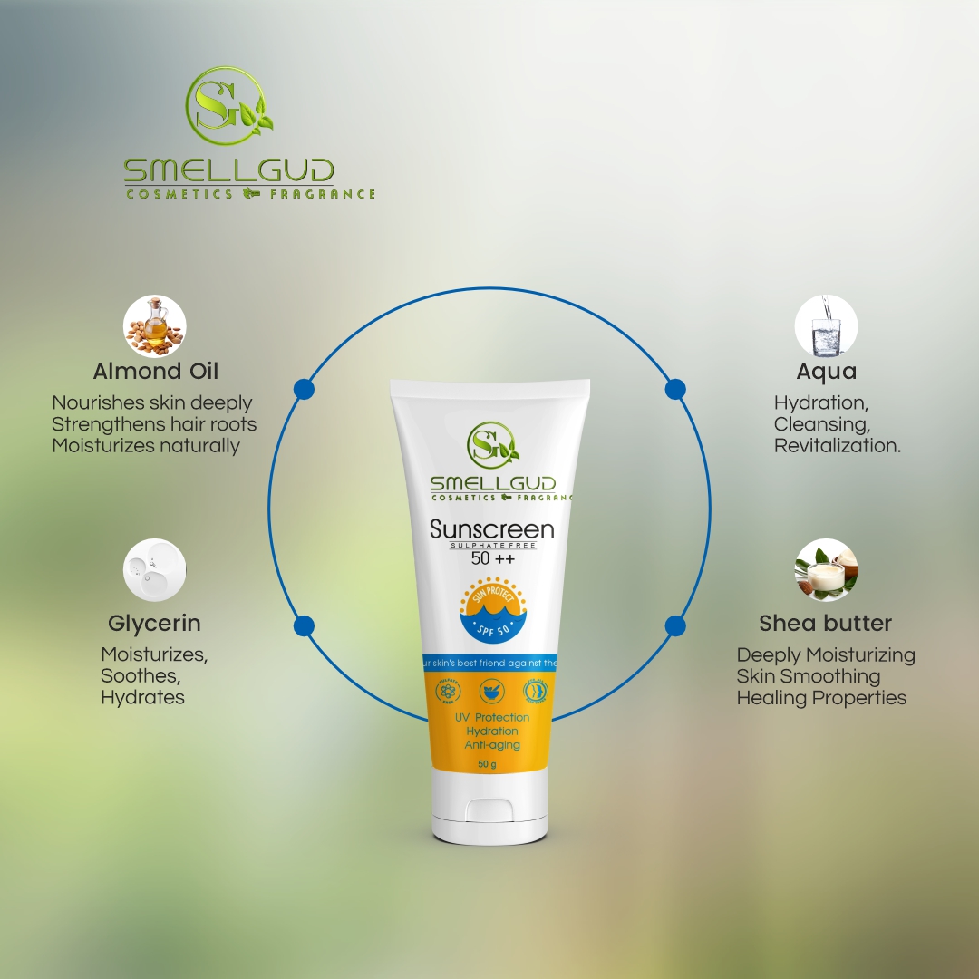 Smellgud Cosmetics Sunscreen SPF 50 PA++++ | Clinically Tested Lightweight with Multi-Vitamins | No White Cast | Broad Spectrum Niacinamide Sunscreen For Oily Skin, Dry Skin | For Women & Men | 50g