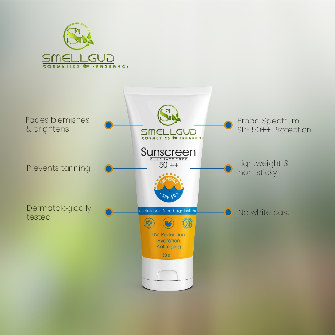 Smellgud Cosmetics Sunscreen SPF 50 PA++++ | Clinically Tested Lightweight with Multi-Vitamins | No White Cast | Broad Spectrum Niacinamide Sunscreen For Oily Skin, Dry Skin | For Women & Men | 50g
