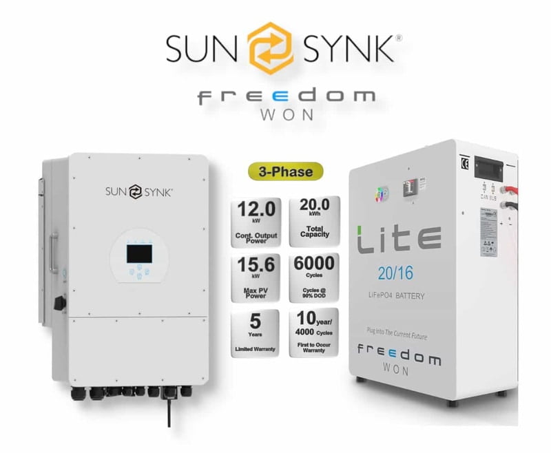 12.0 kW SUNSYNK 3-Phase Hybrid - FREEDOM WON Combo, c/w 20 kWh Floor Standing Lithium Battery 12.0 kW SUNSYNK 3-Phase Hybrid - FREEDOM WON Combo, c/w 20 kWh Floor Standing Lithium Battery