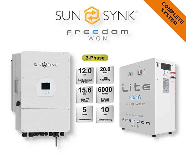 12.0 kW SUNSYNK 3-Phase Hybrid - FREEDOM WON Combo, c/w 20 kWh Floor Standing Lithium Battery