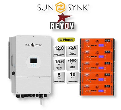 12.0 kW SUNSYNK 3-Phase Hybrid - REVOV Combo, c/w 5x 5.12 kWh Lithium Batteries 12.0 kW SUNSYNK 3-Phase Hybrid - REVOV Combo, c/w 5x 5.12 kWh Lithium Batteries