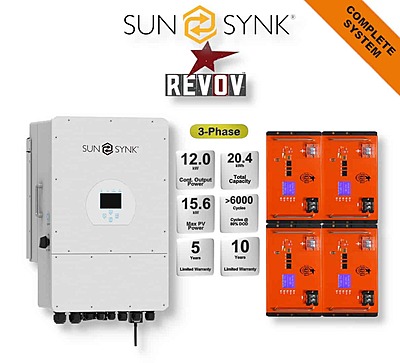 12.0 kW SUNSYNK 3-Phase Hybrid - REVOV Combo, c/w 4x 5.12 kWh Lithium Batteries