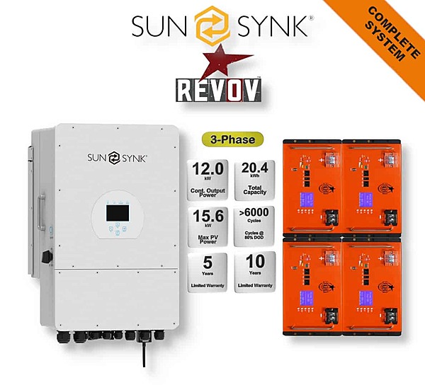 12.0 kW SUNSYNK 3-Phase Hybrid - REVOV Combo, c/w 4x 5.12 kWh Lithium Batteries
