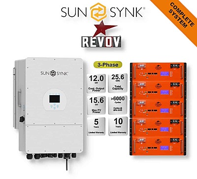 12.0 kW SUNSYNK 3-Phase Hybrid - REVOV Combo, c/w 5x 5.12 kWh Lithium Batteries 12.0 kW SUNSYNK 3-Phase Hybrid - REVOV Combo, c/w 5x 5.12 kWh Lithium Batteries