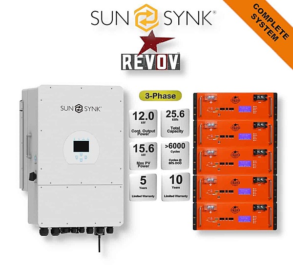 12.0 kW SUNSYNK 3-Phase Hybrid - REVOV Combo, c/w 5x 5.12 kWh Lithium Batteries