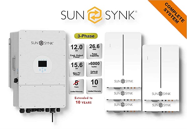 12.0 kW SUNSYNK 3-Phase Hybrid - SUNSYNK Combo, c/w 5 x 5.32 W kWh Lithium Batteries