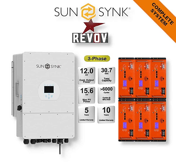 12.0 kW SUNSYNK 3-Phase Hybrid - REVOV Combo, c/w 6x 5.12 kWh Lithium Batteries