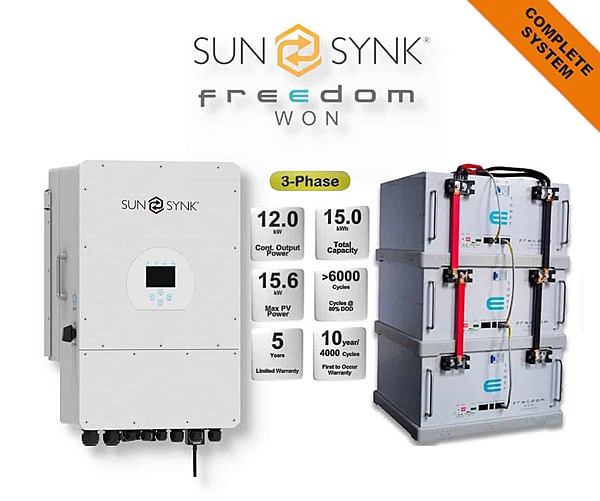 12.0 kW SUNSYNK 3-Phase Hybrid - FREEDOM WON Combo, c/w 3x 5.0 kWh Lithium Batteries