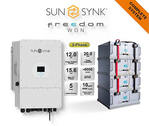 12.0 kW SUNSYNK 3-Phase Hybrid - FREEDOM WON Combo, c/w 4x 5.0 kWh Lithium Batteries