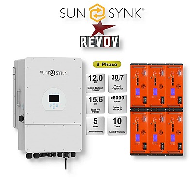 12.0 kW SUNSYNK 3-Phase Hybrid - REVOV Combo, c/w 5x 5.12 kWh Lithium Batteries