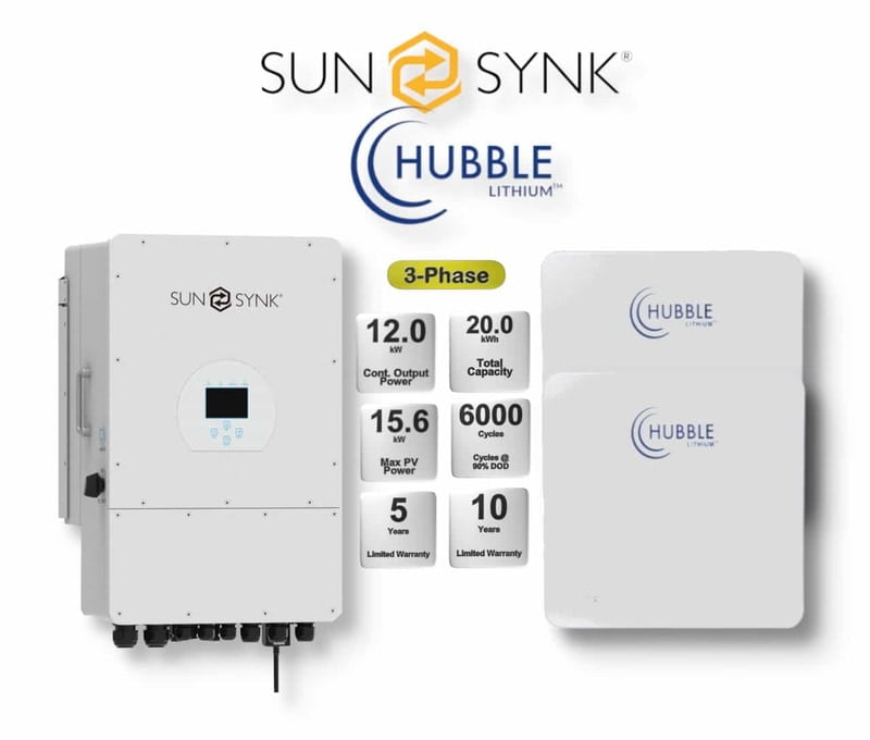 12.0 kW SUNSYNK 3-Phase Hybrid - HUBBLE Combo, c/w 2x 10.0 kWh Lithium Batteries 12.0 kW SUNSYNK 3-Phase Hybrid - HUBBLE Combo, c/w 2x 10.0 kWh Lithium Batteries