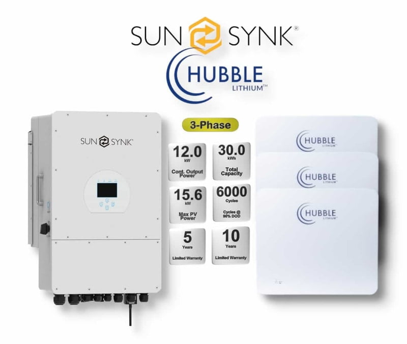12.0 kW SUNSYNK 3-Phase Hybrid - HUBBLE Combo, c/w 3x 10.0 kWh Lithium Batteries