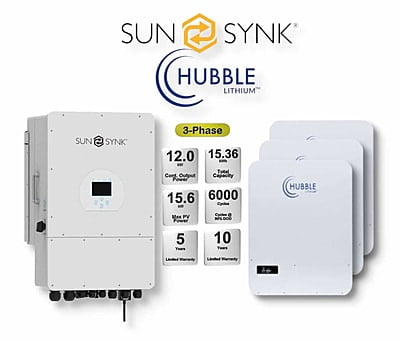 12.0 kW SUNSYNK 3-Phase Hybrid - HUBBLE Combo, c/w 3x 5.12 kWh Lithium Batteries