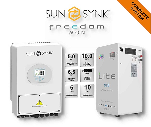 5.0 kW SUNSYNK Hybrid - FREEDOM WON Combo, c/w 10.0 kWh Lithium Battery
