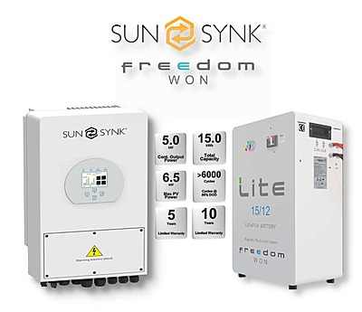 5.0 kW SUNSYNK Hybrid - FREEDOM WON Combo, c/w 15.0 kWh Lithium Battery