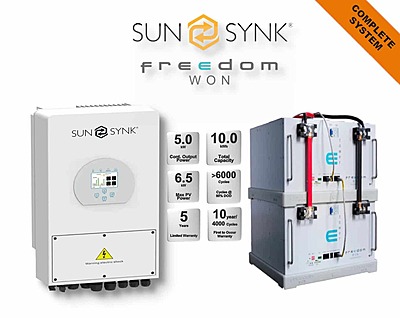 5.0 kW SUNSYNK Hybrid - FREEDOM WON Combo, c/w 2 x 5.0 kWh Lithium Batteries