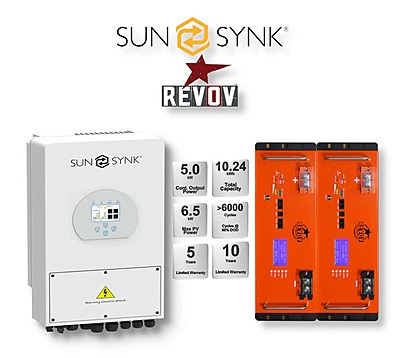 5.0 kW SUNSYNK Hybrid - REVOV Combo, c/w 2 x 5.12 kWh Lithium Batteries 5.0 kW SUNSYNK Hybrid - REVOV Combo, c/w 2 x 5.12 kWh Lithium Batteries