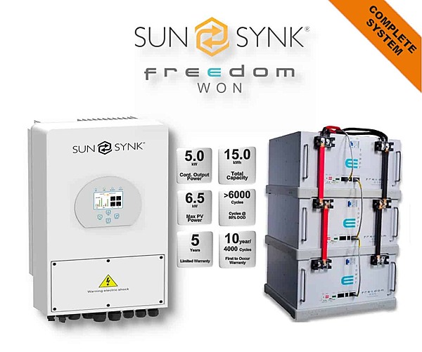 5.0 kW SUNSYNK Hybrid - FREEDOM WON Combo, c/w 3 x 5.0 kWh Lithium Batteries