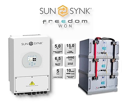 5.0 kW SUNSYNK Hybrid - FREEDOM WON Combo, c/w 3 x 5.0 kWh Lithium Batteries 5.0 kW SUNSYNK Hybrid - FREEDOM WON Combo, c/w 3 x 5.0 kWh Lithium Batteries