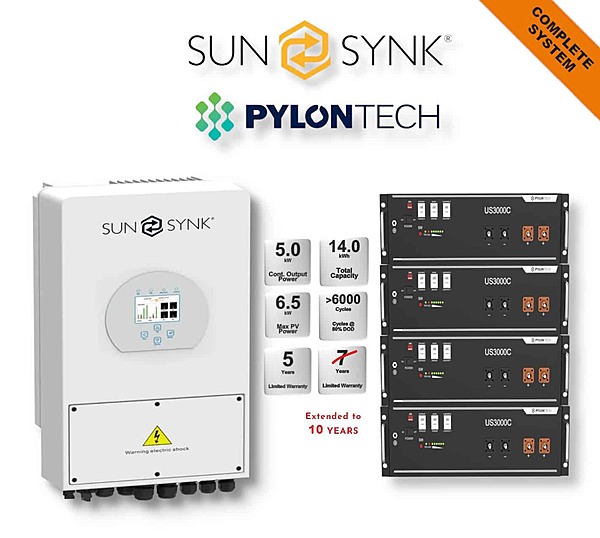 5.0 kW SUNSYNK Hybrid - PYLONTECH Combo, c/w 4x 3.5 kWh Lithium Batteries