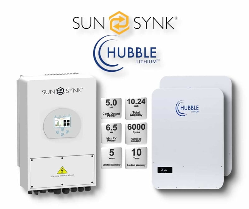 5.0 kW SUNSYNK Hybrid - HUBBLE Combo, c/w 2x 5.12 kWh Lithium Batteries