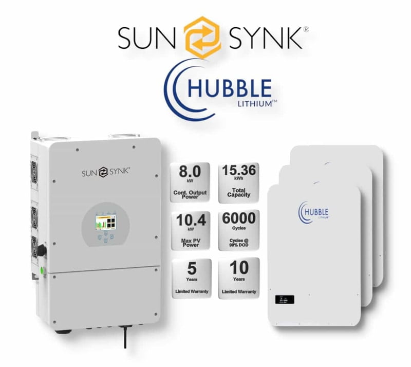 8.0 kW SUNSYNK Hybrid - HUBBLE Combo, c/w 3x 5.12 kWh Lithium Batteries