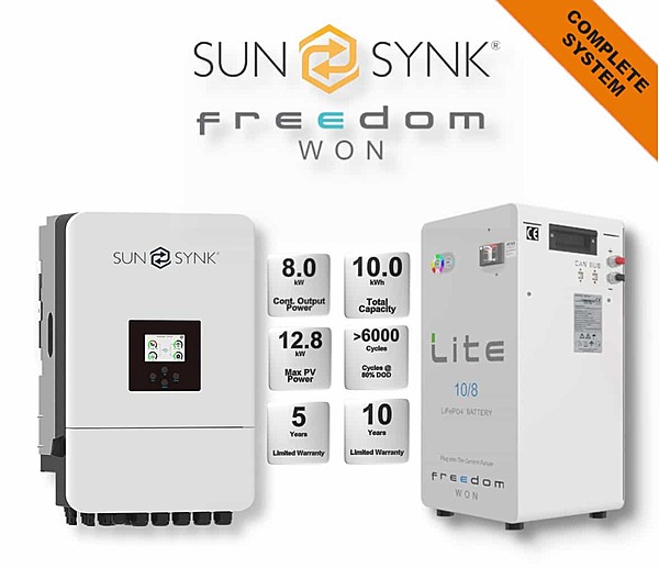 8.0 kW SUNSYNK Hybrid - FREEDOM WON Combo, c/w 10.0 kWh Lithium Battery