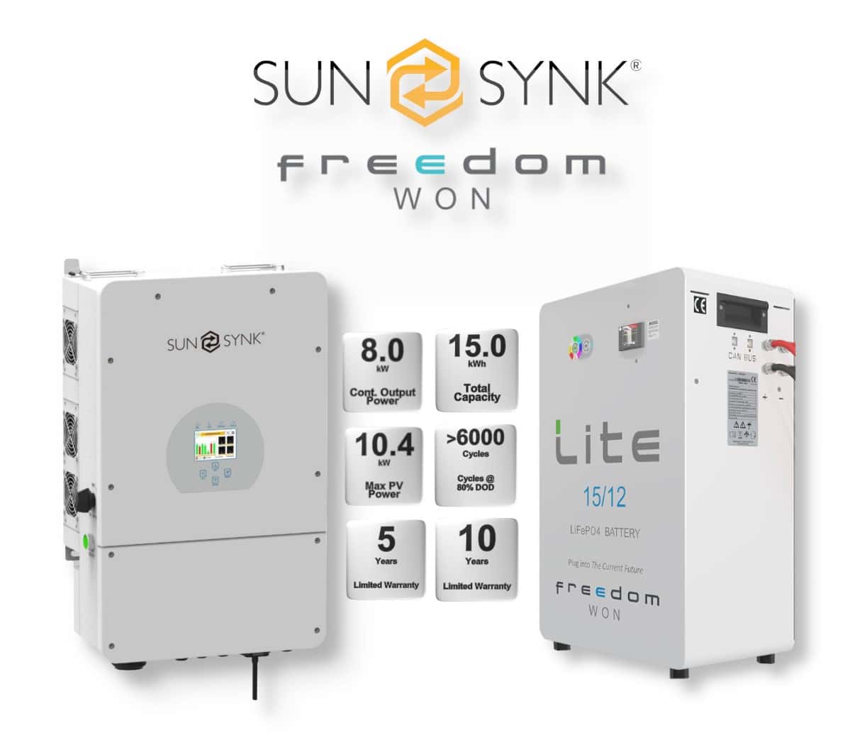 8.0 kW SUNSYNK Hybrid - FREEDOM WON Combo, c/w 15.0 kWh Lithium Battery